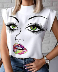 Fashion Print Stand collar Short sleeve Blouses
