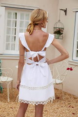 Fashion Pure Square collar Vest Tassels Backless Skater Dresses