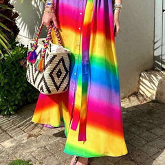 Fashion Rainbow stripe Short sleeve Lapel Maxi Dresses