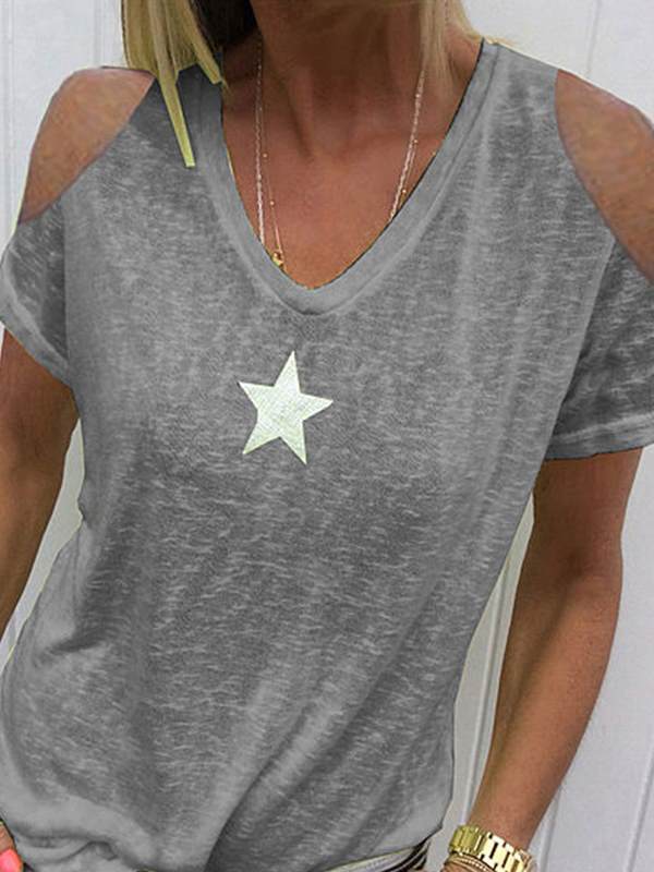 Off Shoulder Fashion Star Printed Short Sleeve T-shirts