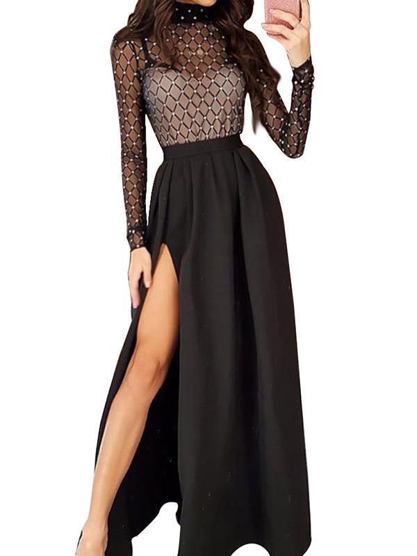 Women black round neck long chic maxi dresses