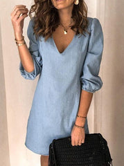 Casual V Neck Elastic Cuff Sleeve Mini Shift Dresses