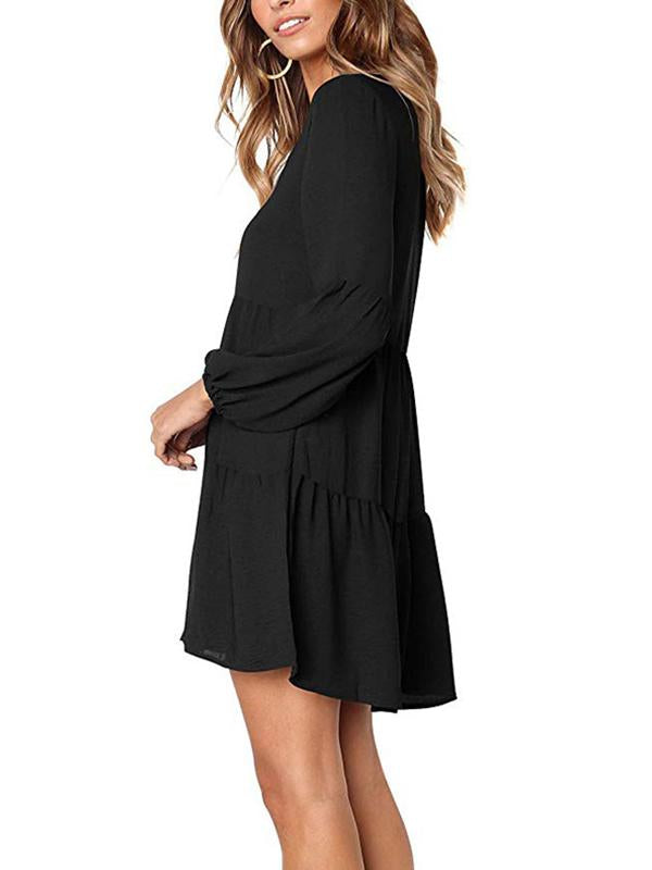 Sexy Plain Woman Long Sleeve V Neck Skater Dresses