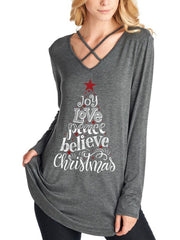 V Neck Tie Woman Long Sleeve Christmas Printed T-shirts