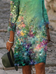 Cotton-Blend 3/4 Sleeve V Neck Shift Dresses
