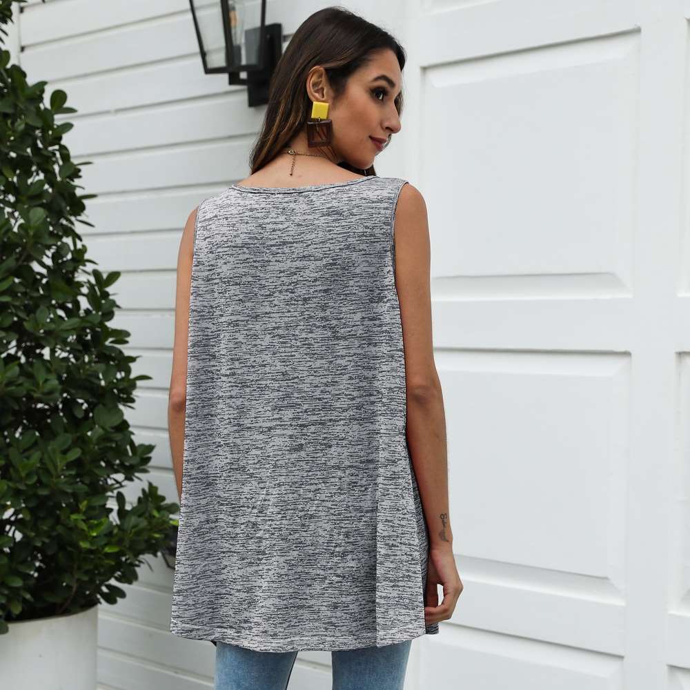 Casual Pure Sleeveless Round neck Lacing Long T-Shirts