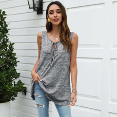 Casual Pure Sleeveless Round neck Lacing Long T-Shirts