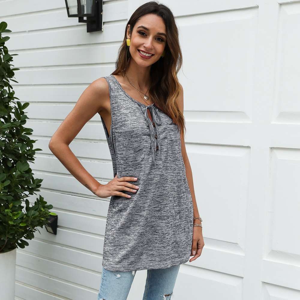 Casual Pure Sleeveless Round neck Lacing Long T-Shirts