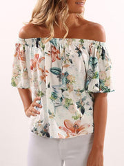 Sexy flared sleeves off shoulder Floral Printed Blouses