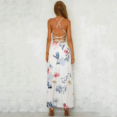 Fashion Print V neck Lacing Vent Sleeveless Backless Maxi Dresses