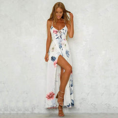 Fashion Print V neck Lacing Vent Sleeveless Backless Maxi Dresses