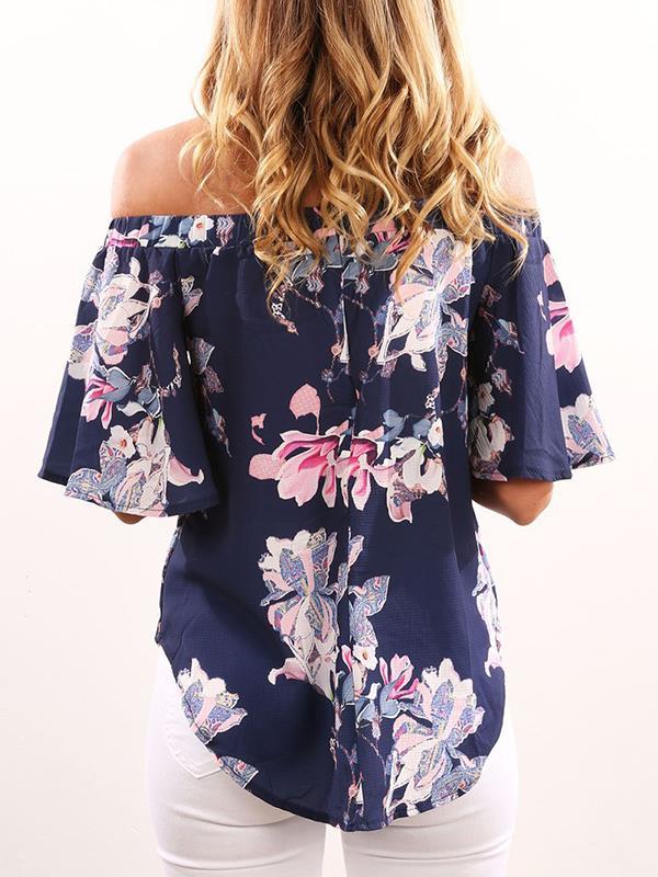 Sexy flared sleeves off shoulder Floral Printed Blouses