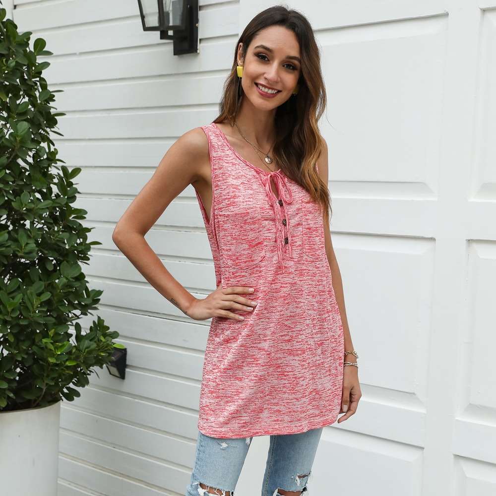 Casual Pure Sleeveless Round neck Lacing Long T-Shirts