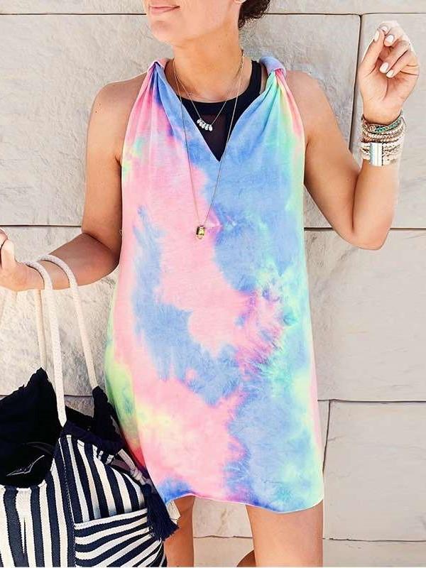Casual Print V neck Vest Shift Dresses