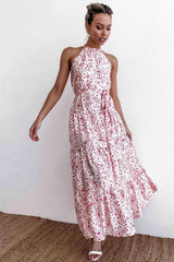 Fashion Print Round neck Sleeveless Lacing Maxi Dresses