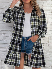 British Style Plaid Print Patchwork Turndown Collar Dresses