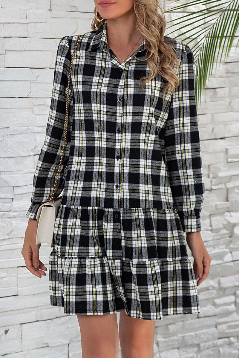 British Style Plaid Print Patchwork Turndown Collar Dresses