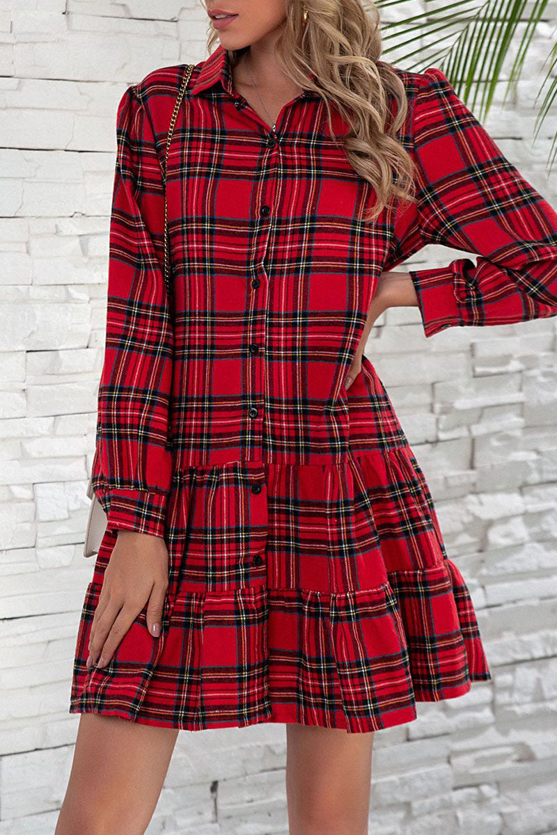 British Style Plaid Print Patchwork Turndown Collar Dresses