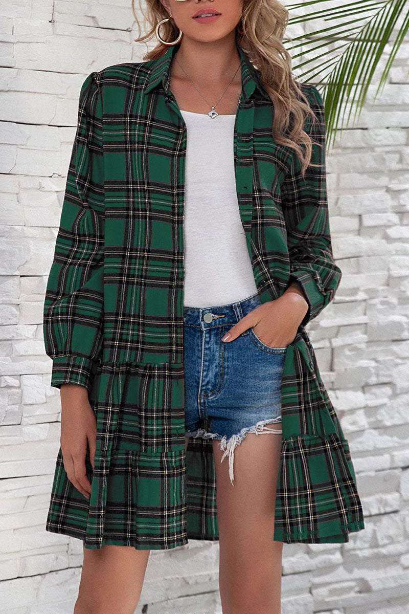 British Style Plaid Print Patchwork Turndown Collar Dresses