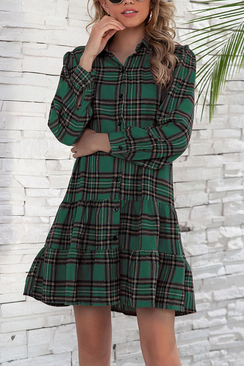 British Style Plaid Print Patchwork Turndown Collar Dresses