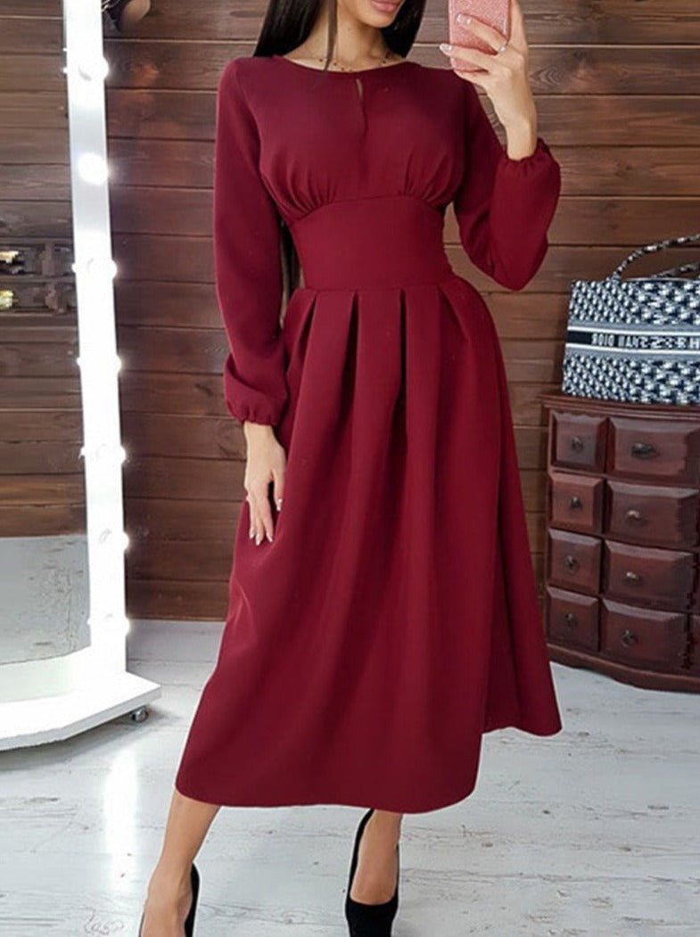 Elegant Solid Patchwork O Neck Waist Skirt Dresses(4 colors)