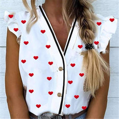 Fashion Print V neck Sleeveless Falbala Blouses