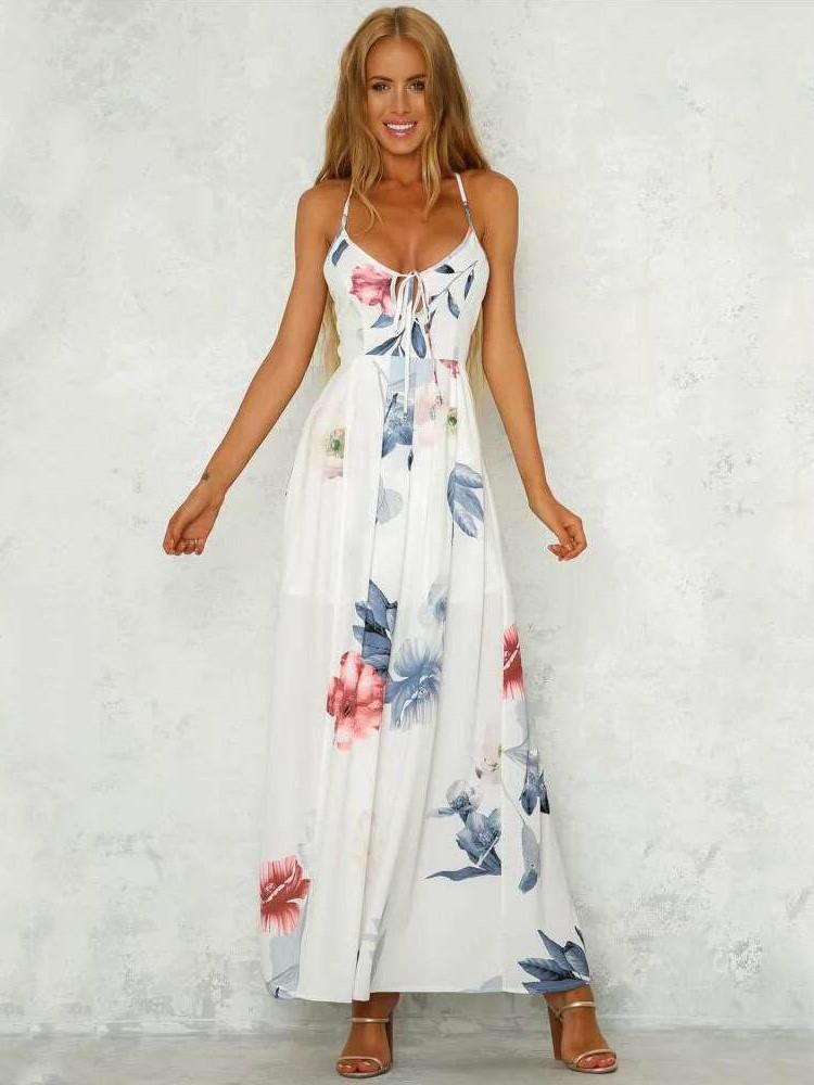 Fashion Print V neck Lacing Vent Sleeveless Backless Maxi Dresses