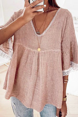 Casual Lace Split Joint V Neck T-Shirts