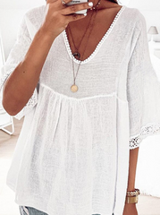 Casual Lace Split Joint V Neck T-Shirts