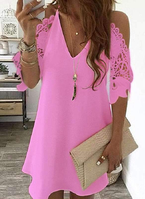 Sexy Lace Pure Off shoulder V neck Half sleeve Shift Dresses