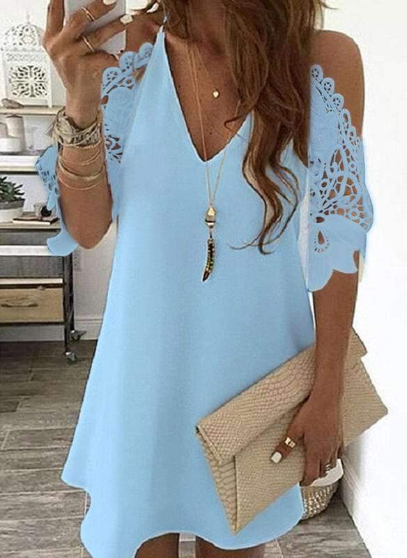 Sexy Lace Pure Off shoulder V neck Half sleeve Shift Dresses