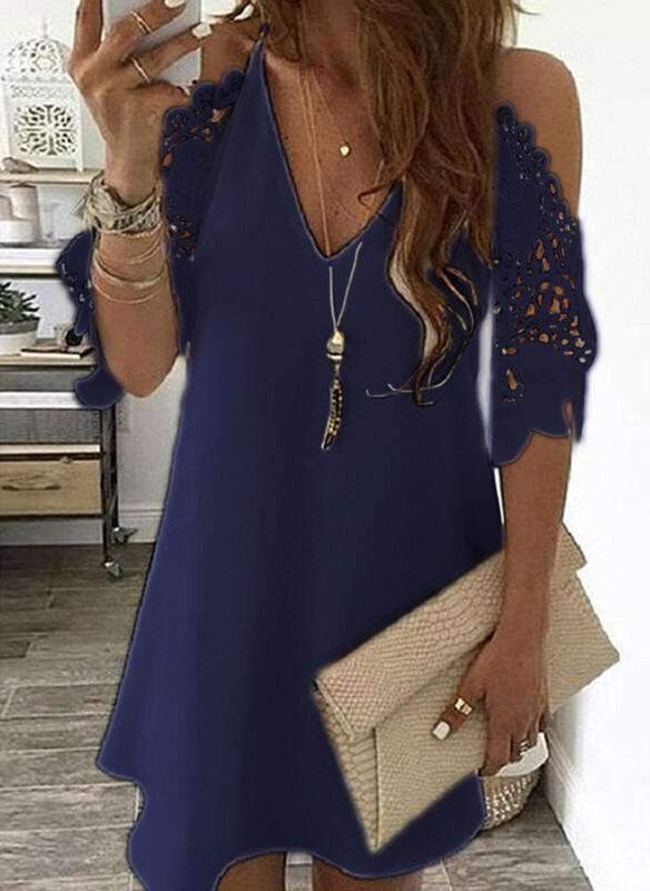 Sexy Lace Pure Off shoulder V neck Half sleeve Shift Dresses