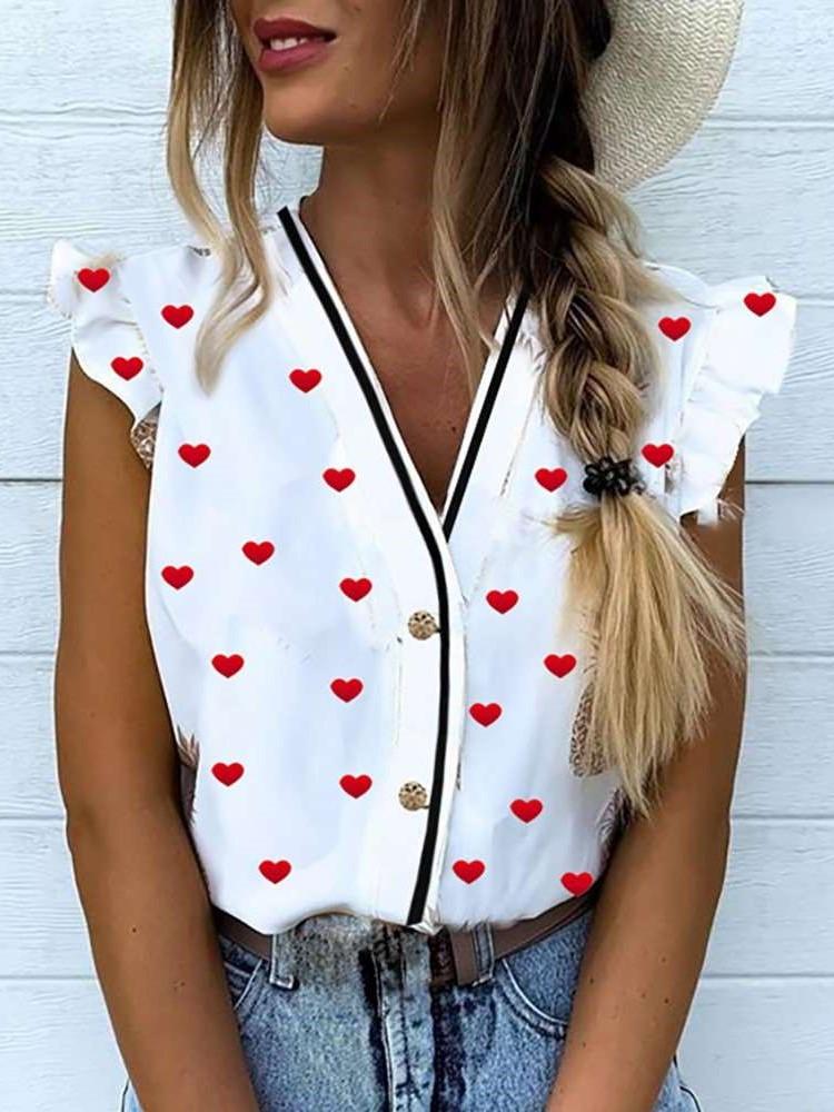 Fashion Print V neck Sleeveless Falbala Blouses
