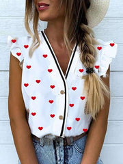 Fashion Print V neck Sleeveless Falbala Blouses