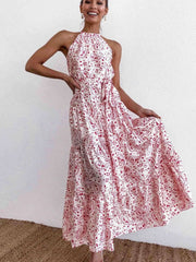 Fashion Print Round neck Sleeveless Lacing Maxi Dresses