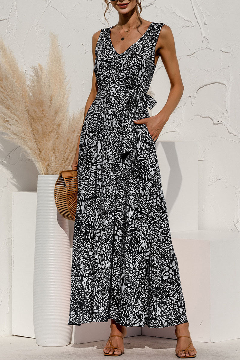 Fashion Casual Leopard Split Joint V Neck A Line Maxi Dresses