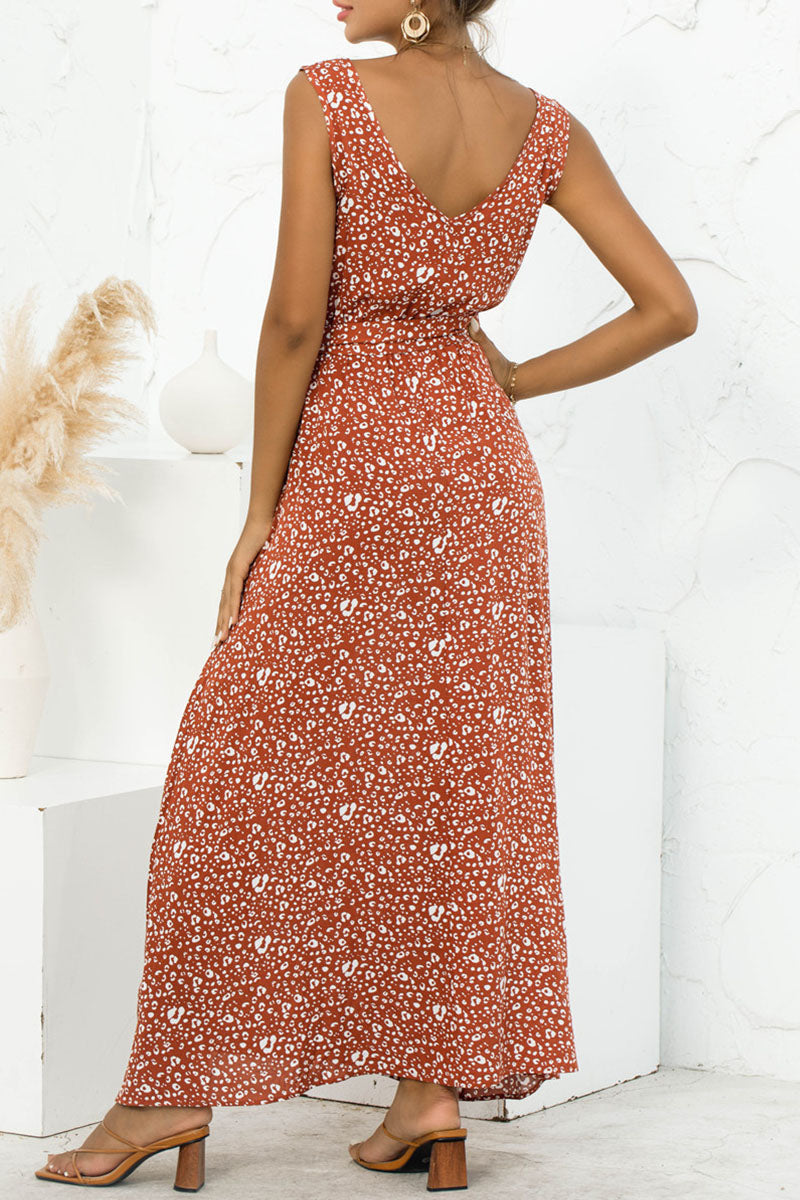 Fashion Casual Leopard Split Joint V Neck A Line Maxi Dresses