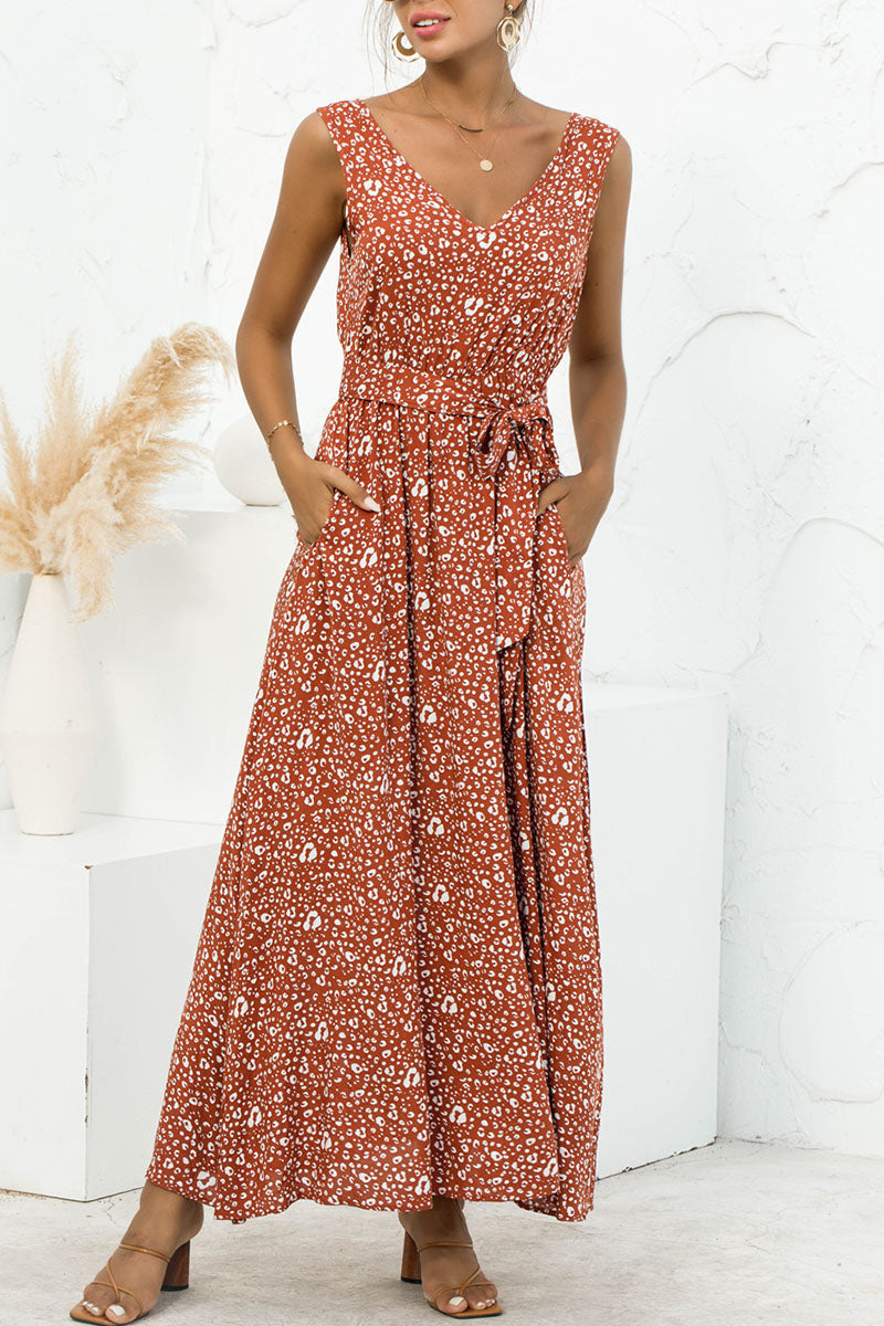 Fashion Casual Leopard Split Joint V Neck A Line Maxi Dresses