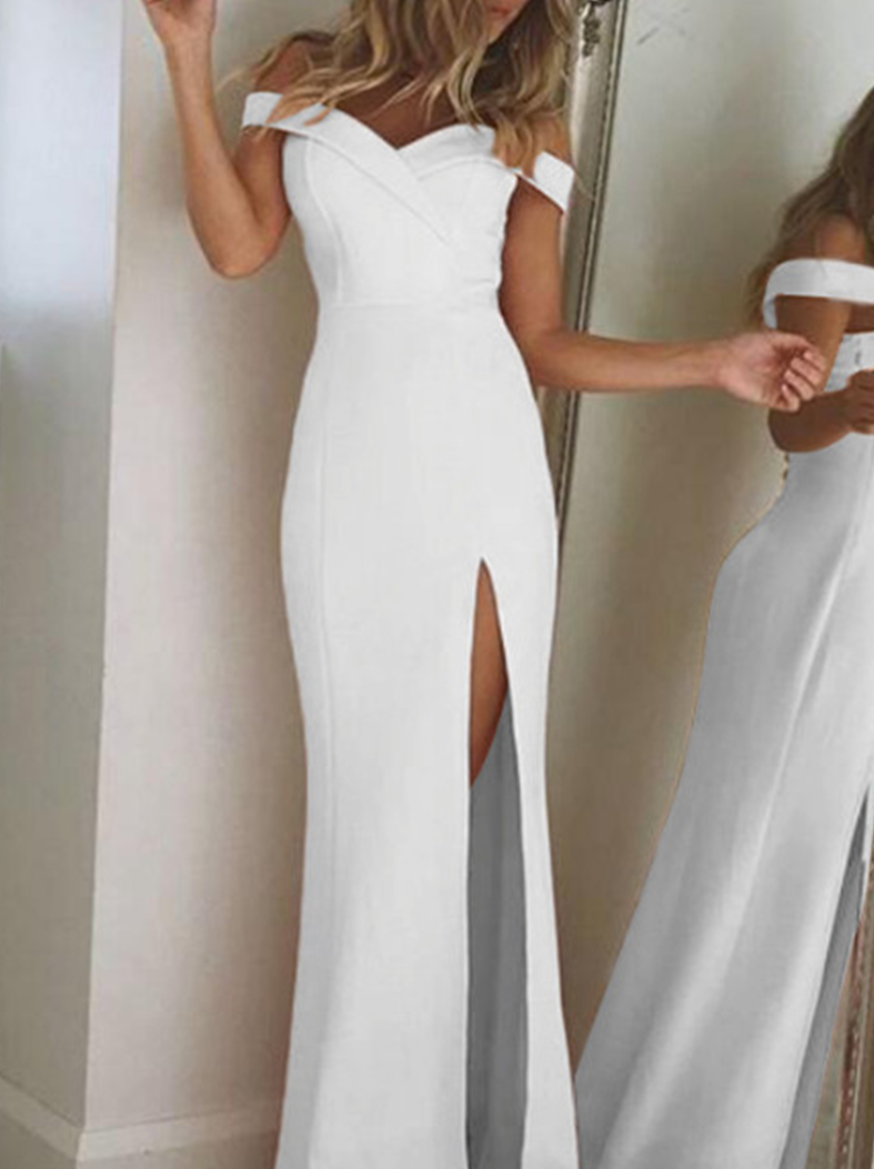 Elegant Solid Backless High Opening Off the Shoulder Irregular Dresses Evening Dresses