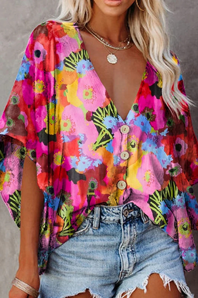 Fashion Elegant Floral Buckle V Neck Tops