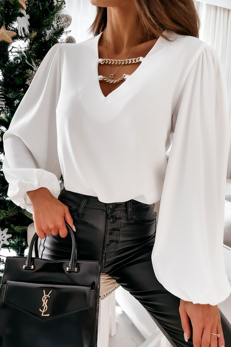 Fashion Elegant Solid Chains V Neck Tops Blouses