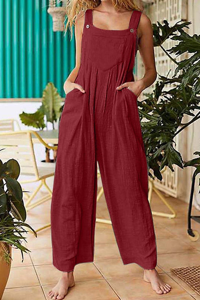 Casual Solid Pocket Buttons Square Collar Jumpsuits(3 Colors)