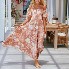 Casual Print One shoulder Short sleeve Maxi Dresses