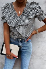 Casual Plaid Split Joint Flounce V Neck Tops Blouses