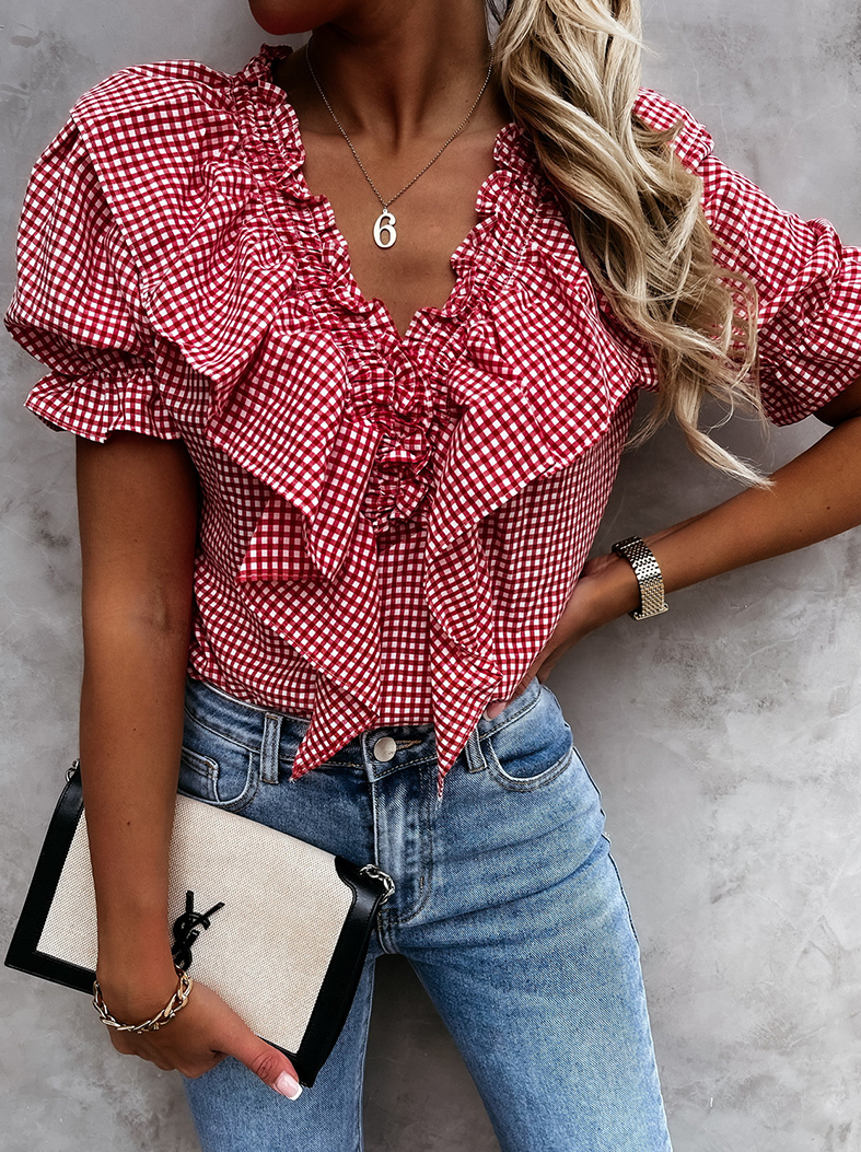 Casual Plaid Split Joint Flounce V Neck Tops Blouses