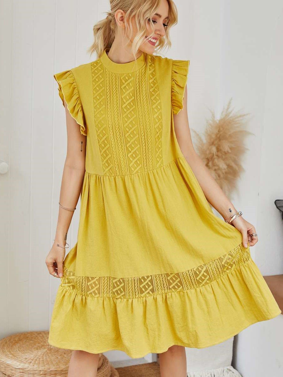 Casual Loose Pure Falbala Stand collar Shift Dresses