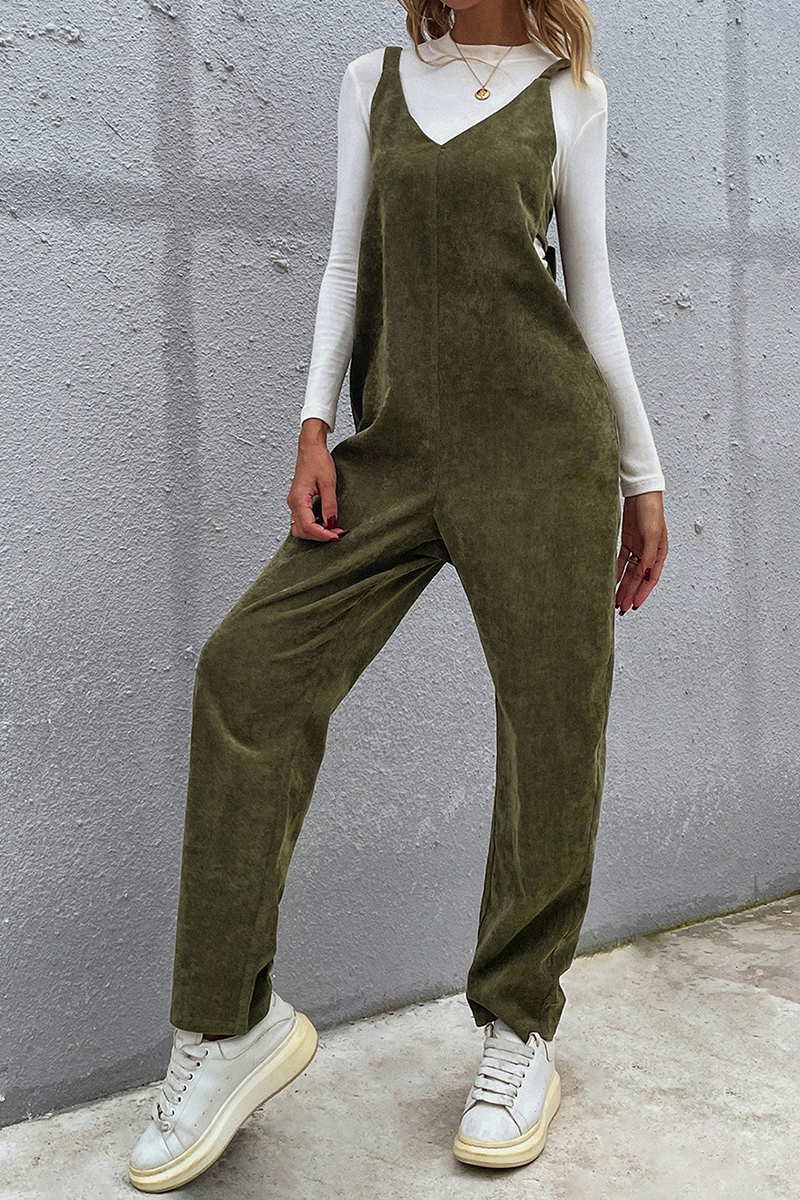 Casual Solid Split Joint With Bow V Neck Regular Jumpsuits