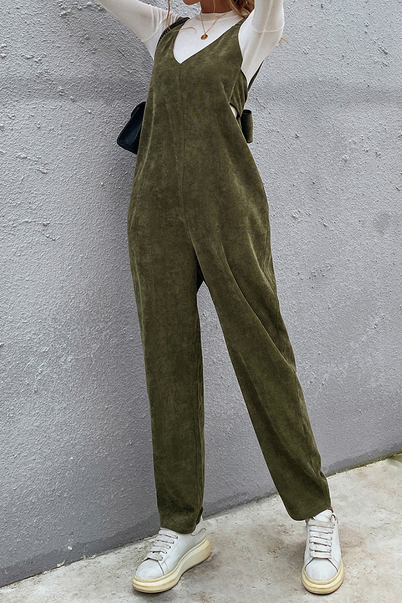 Casual Solid Split Joint With Bow V Neck Regular Jumpsuits