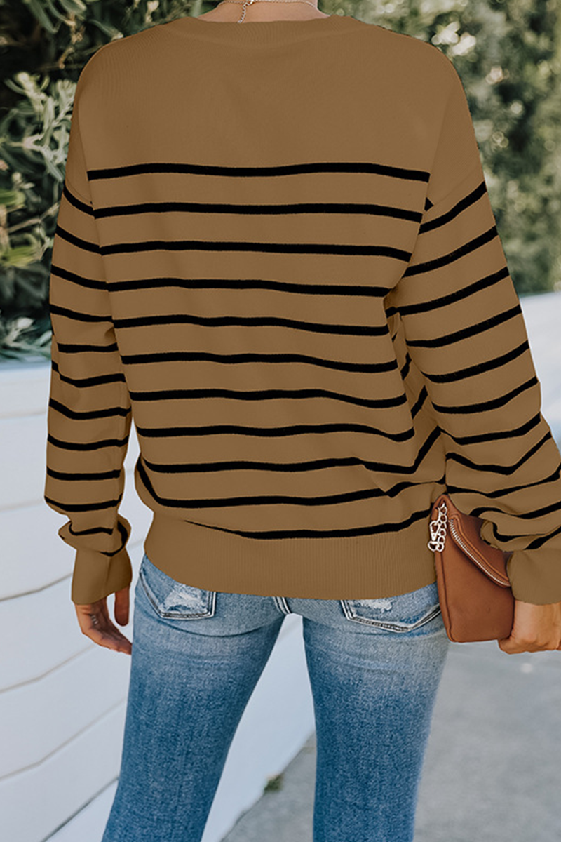 Street Striped Buckle O Neck Tops Sweaters