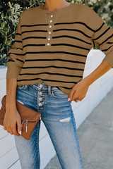 Street Striped Buckle O Neck Tops Sweaters